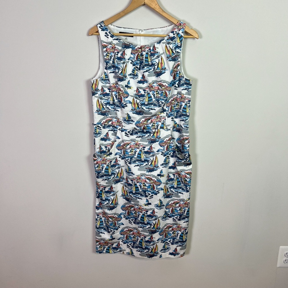 Nine West White Nautical Print Midi Dress with Blue and Yellow Accents